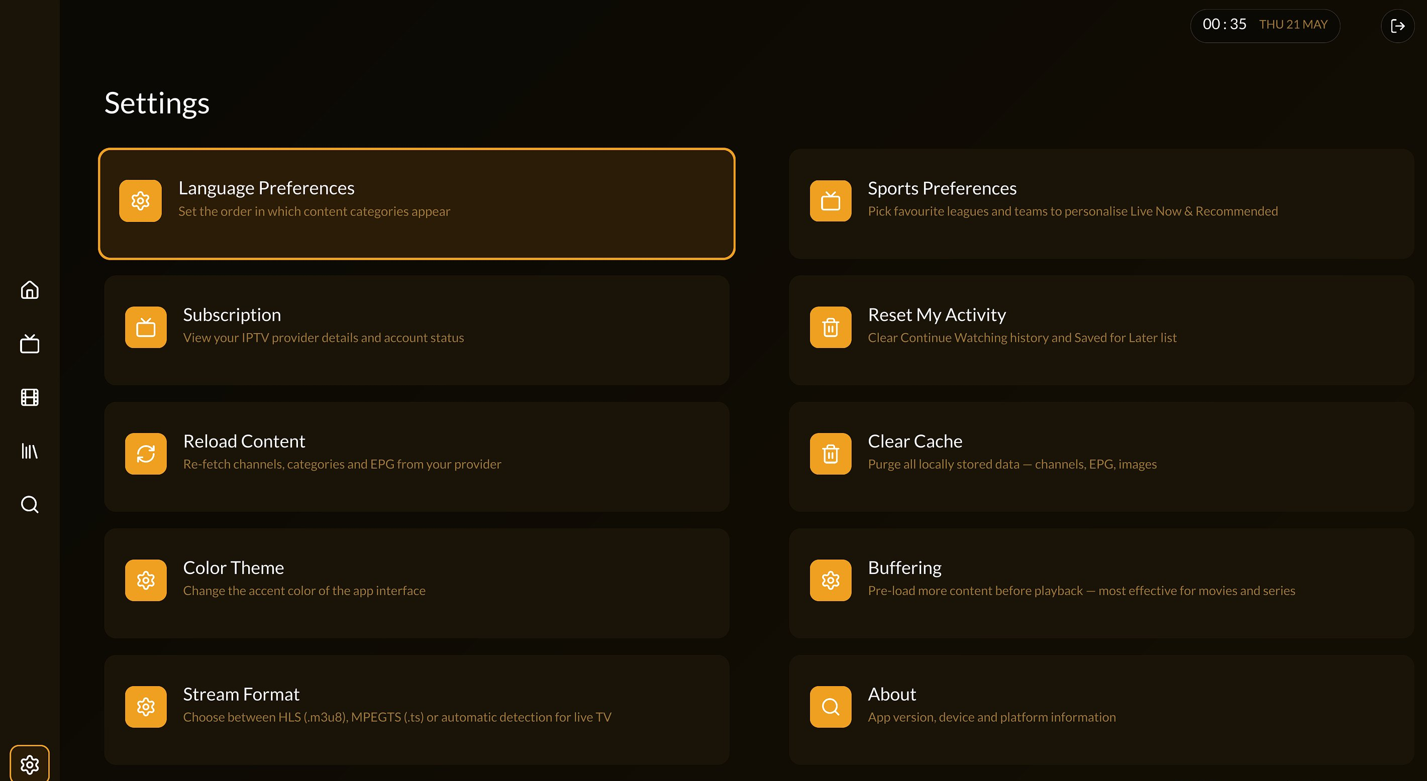Settings page